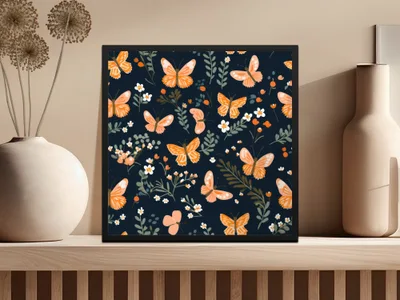 Black and Orange Spring Butterflies And Floral Pattern Dark Background Digital