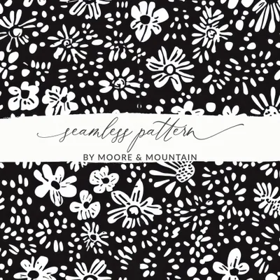 Black and White Abstract Doodle Digital Art, Floral Pattern Print, Modern Flower Design, Printable Wall Art, Seamless Texture