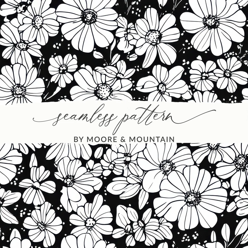 Black and White Abstract Doodle Digital, Groovy Flower Power Seamless Pattern