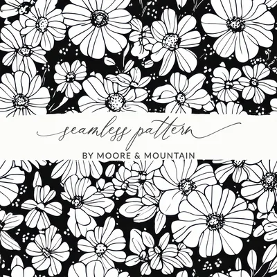 Black and White Abstract Doodle Digital, Groovy Flower Power Seamless Pattern