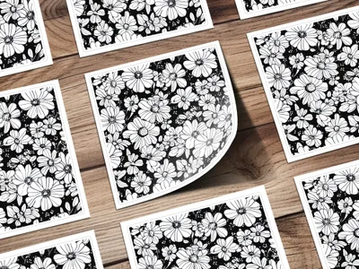 Black and White Abstract Doodle Digital, Groovy Flower Power Seamless Pattern
