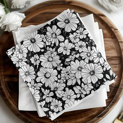 Black and White Abstract Doodle Digital, Groovy Flower Power Seamless Pattern