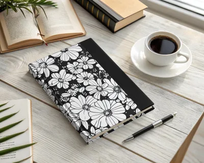 Black and White Abstract Doodle Digital, Groovy Flower Power Seamless Pattern