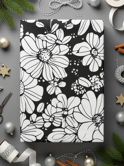 Black and White Abstract Doodle Digital, Groovy Flower Power Seamless Pattern