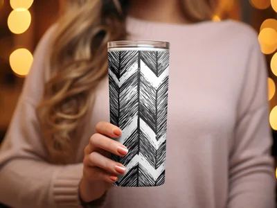 Black and White Abstract Doodle, Geometric Feather Herringbone