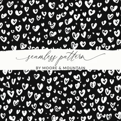 Black and White Abstract Doodle Heart Digital Paper, Cute Black Hearts Seamless Pattern