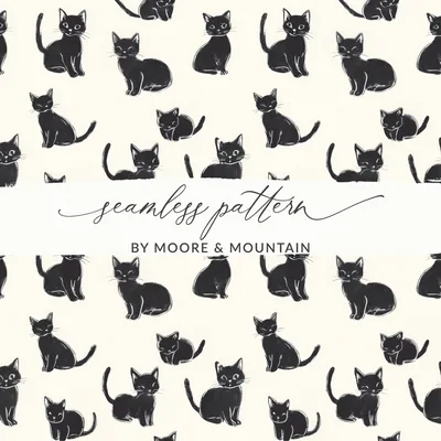 Black Cat Digital Paper, Kitten Seamless Pattern, Cute Animal Illustration, Digital Backgrounds, Scrapbooking, Crafts, Fabric, Commercial