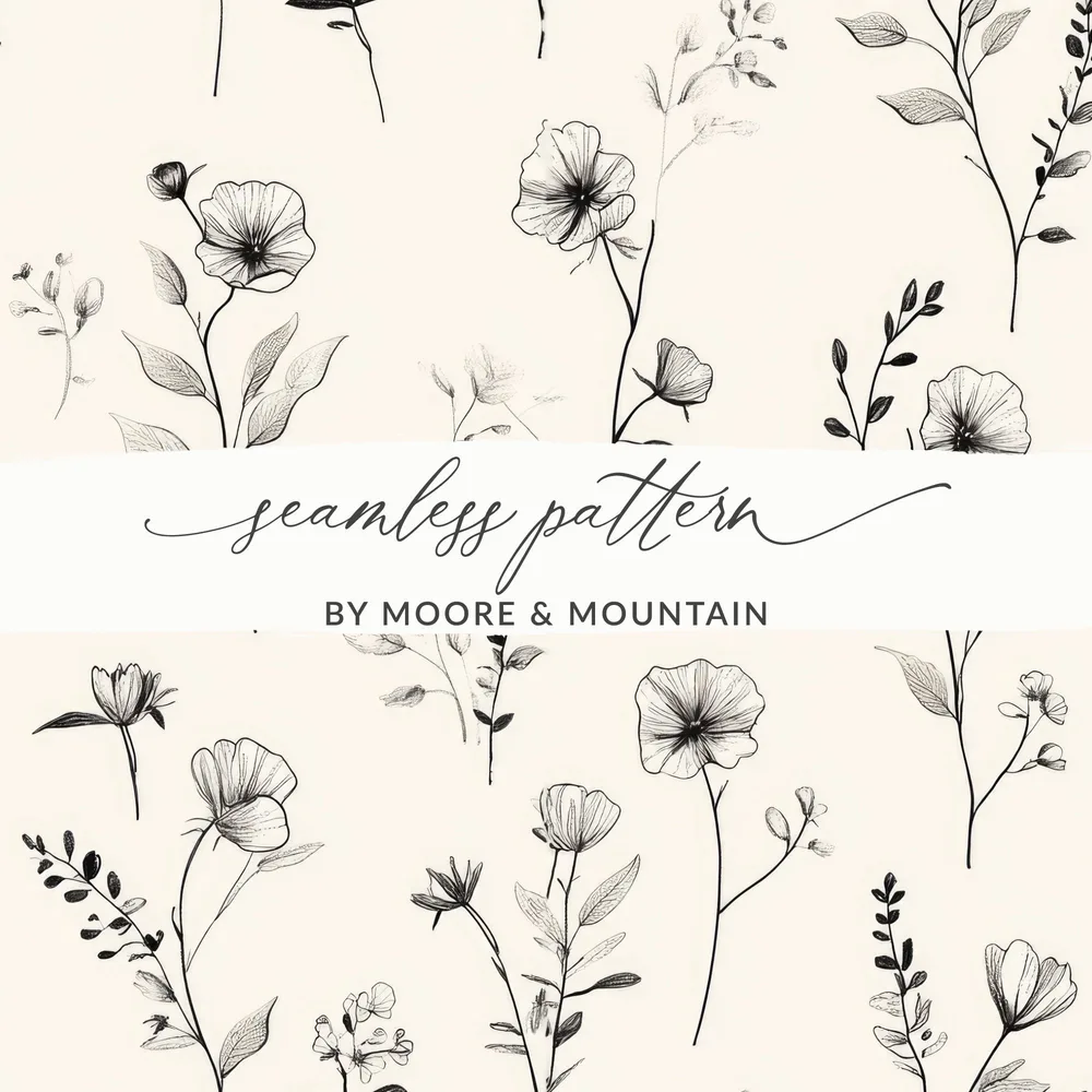 Black Floral Sketch Digital Paper, Seamless Flower Pattern, Botanical Design, Dark Aesthetic Printable Paper, Digital Product