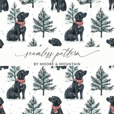 Black Labrador Winter Digital Art, Christmas Dog Pattern, Holiday Pet Print, Neutral Wallpaper, Scandinavian Dogs Decor