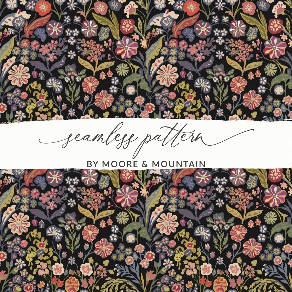 Black Multicolor Flowers Leaves Digital Pattern Seamless