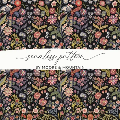 Black Multicolor Flowers Leaves Digital Pattern Seamless