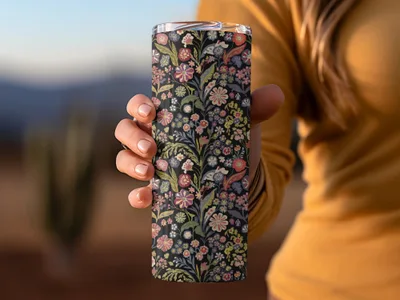 Black Multicolor Flowers Leaves Digital Pattern Seamless