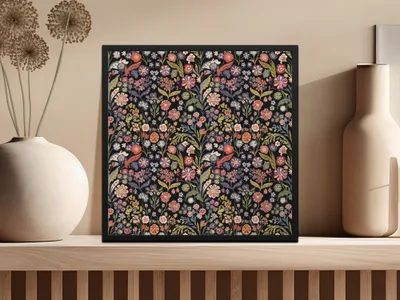 Black Multicolor Flowers Leaves Digital Pattern Seamless