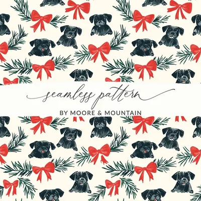 Black Pug Christmas Digital Seamless Pattern, Festive Dog Print, Pet Lover Fabric Design, Holiday Gift Wrap Pattern, 12x12 inches