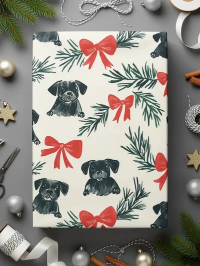 Black Pug Christmas Digital Seamless Pattern, Festive Dog Print, Pet Lover Fabric Design, Holiday Gift Wrap Pattern, 12x12 inches