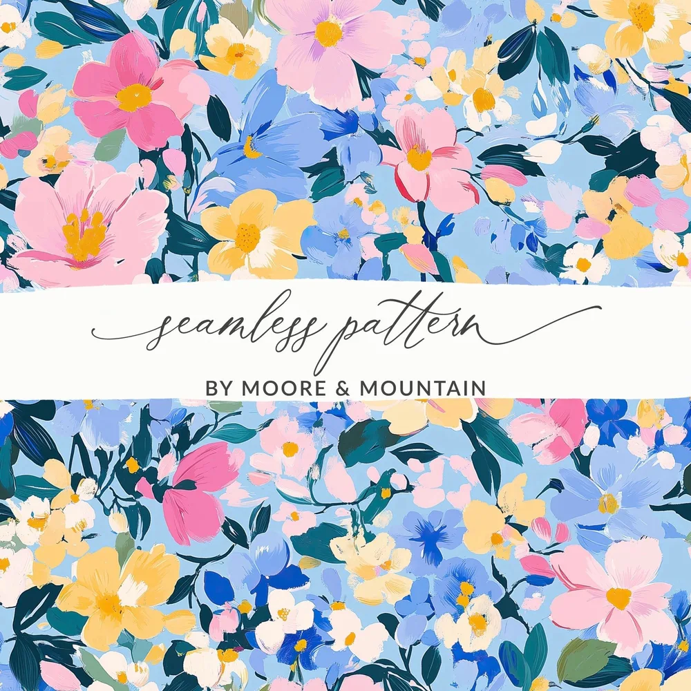 Blue Acrylic Floral Seamless Pastel Floral Garden Digital Pattern | Painterly Design for Printables & Crafts