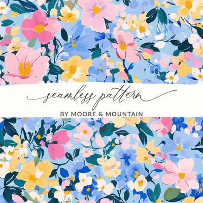 Blue Acrylic Floral Seamless Pastel Floral Garden Digital Pattern | Painterly Design for Printables & Crafts