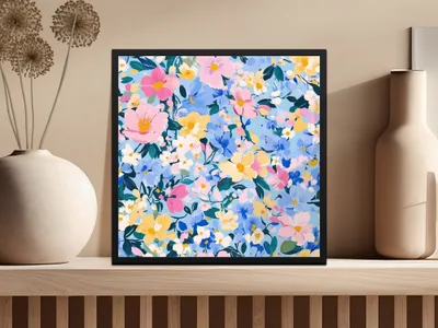 Blue Acrylic Floral Seamless Pastel Floral Garden Digital Pattern | Painterly Design for Printables & Crafts