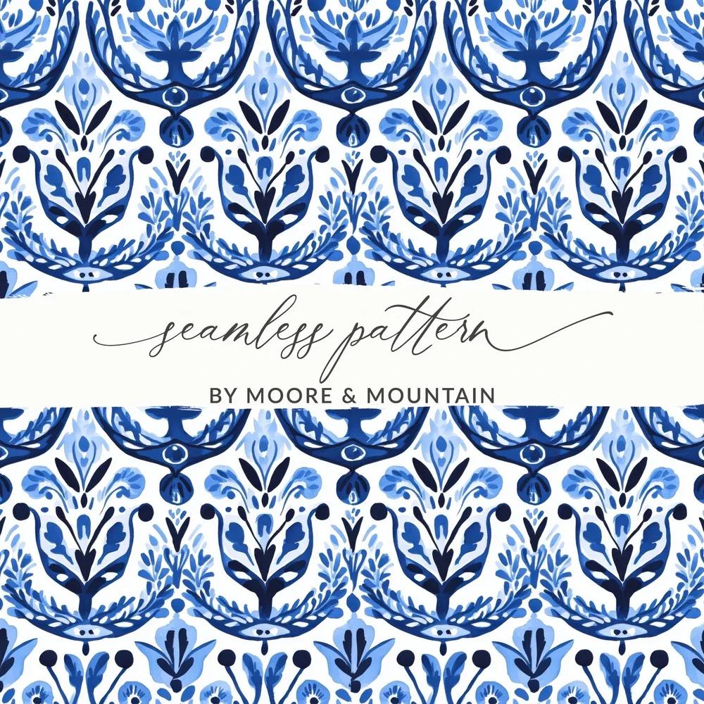 Blue and White Floral Pattern Seamless Vector Background Digital