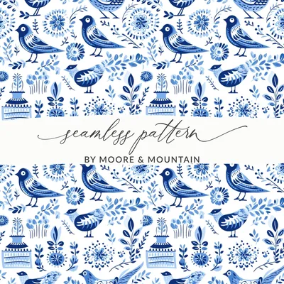 Blue Birds Seamless Pattern, Delftware Style Digital Paper, Bird Floral Design, Repeating Tile, Scandinavian Printable, Digital Download