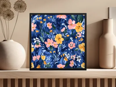 Blue Botanical Bliss Colorful Floral Art Print Digital