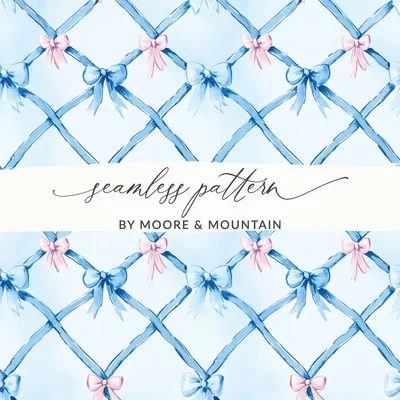 Blue Bow Digital Paper, Pink Bows Pattern, Watercolor Floral, Abstract Background, Digital Seamless Pattern, Scrapbook Paper, Commercial Use