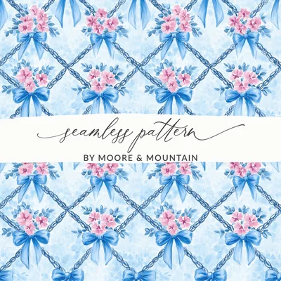 Blue Bows and Pink Flowers Digital Paper, Watercolor Floral, Seamless Pattern, Fabric Design, Scrapbooking Paper, Printable Art