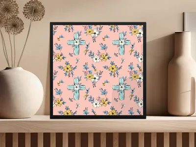 Blue Cross Floral Digital Paper, Pink Spring Flowers Pattern, Christian Seamless Design, Easter Wallpaper Background, Scrapbooking Printable