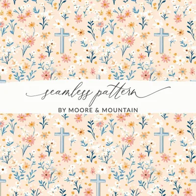 Blue Cross Floral Digital Paper, Spring Flowers Seamless Pattern, Easter Design, Religious Fabric Print, Christian Background