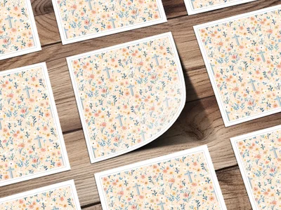 Blue Cross Floral Digital Paper, Spring Flowers Seamless Pattern, Easter Design, Religious Fabric Print, Christian Background