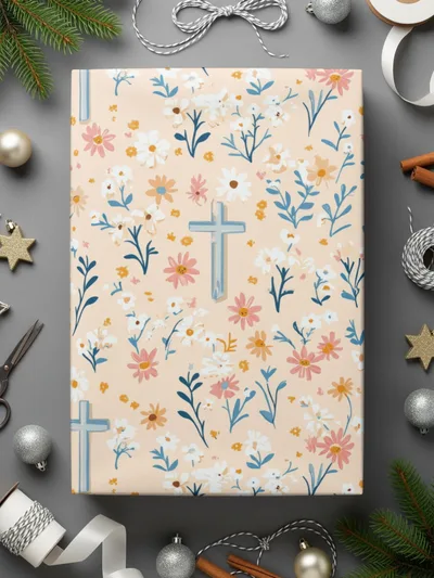 Blue Cross Floral Digital Paper, Spring Flowers Seamless Pattern, Easter Design, Religious Fabric Print, Christian Background