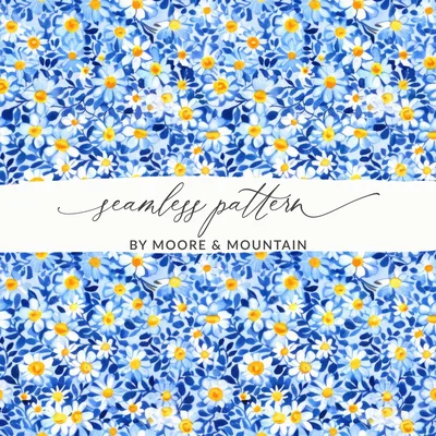 Blue Ditsy Daisy Floral Digital Paper, Watercolor Flower Pattern, Spring Background, Seamless Fabric Design, Scrapbooking Paper