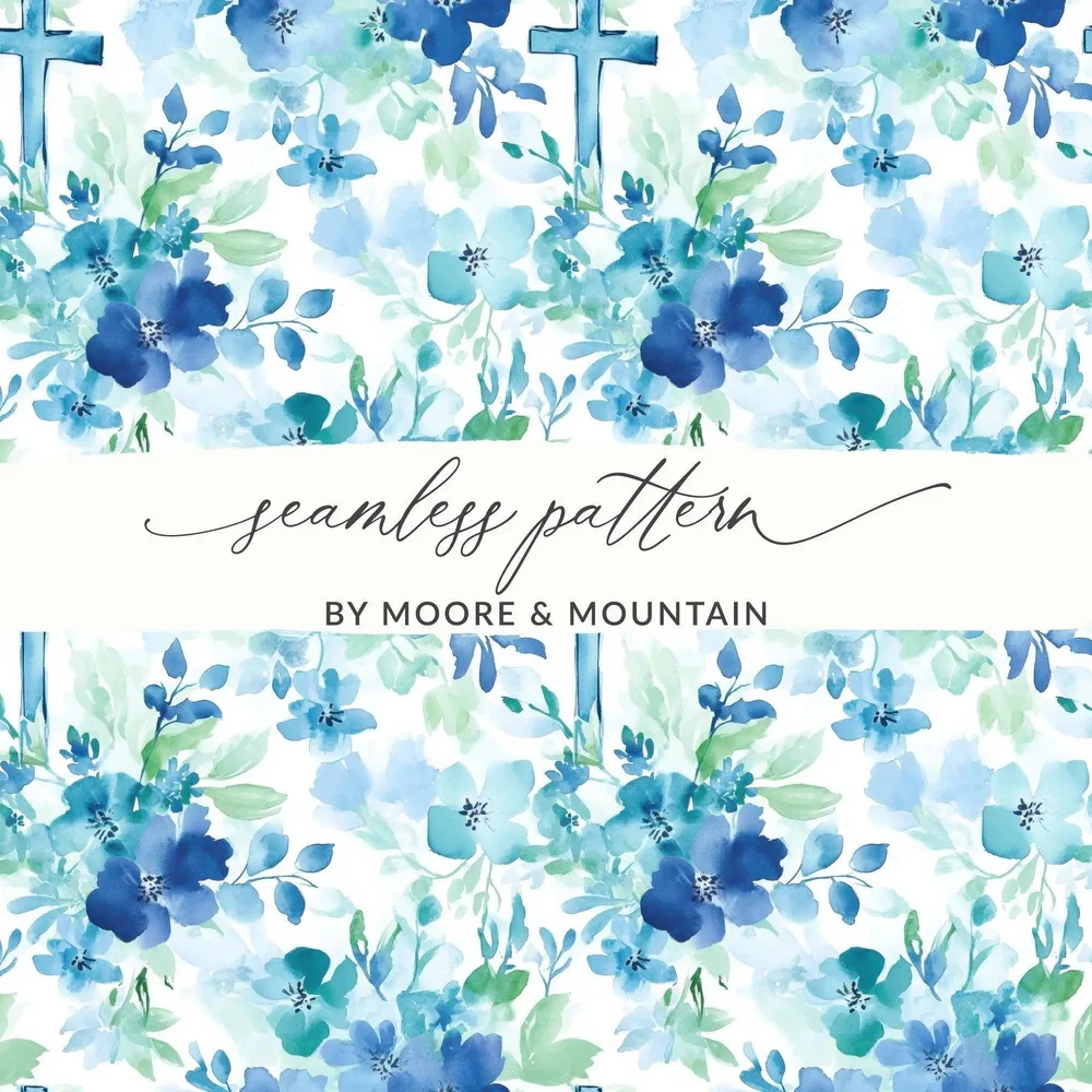 Blue Floral Cross Digital Paper, Seamless Pattern, Baptism Fabric, Watercolor Flowers, Church Scrapbook, Printable, Religious Digital