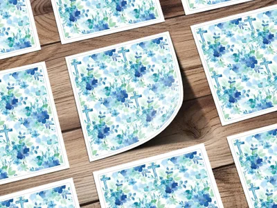 Blue Floral Cross Digital Paper, Seamless Pattern, Baptism Fabric, Watercolor Flowers, Church Scrapbook, Printable, Religious Digital