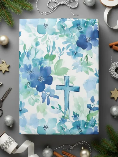 Blue Floral Cross Digital Paper, Seamless Pattern, Baptism Fabric, Watercolor Flowers, Church Scrapbook, Printable, Religious Digital