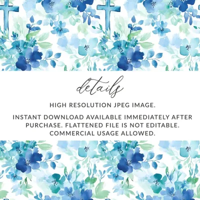Blue Floral Cross Digital Paper, Seamless Pattern, Baptism Fabric, Watercolor Flowers, Church Scrapbook, Printable, Religious Digital