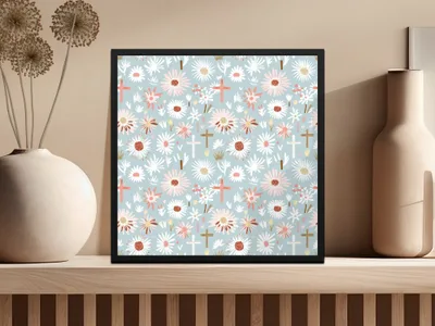 Blue Floral Cross Digital Paper, Spring Flower Pattern, Religious Seamless Design, Easter Illustration, Pastel Print, Baptism, Digital File