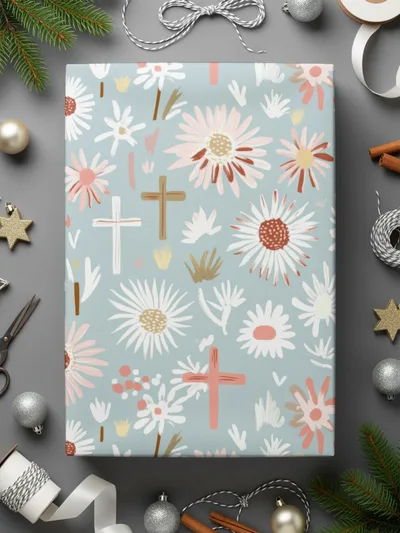 Blue Floral Cross Digital Paper, Spring Flower Pattern, Religious Seamless Design, Easter Illustration, Pastel Print, Baptism, Digital File