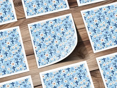 Blue Floral Cross Seamless Pattern, Digital Paper Download, Christian Fabric Design, Church Graphics, Religious Art Digital
