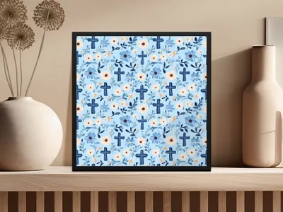 Blue Floral Cross Seamless Pattern, Digital Paper Download, Christian Fabric Design, Church Graphics, Religious Art Digital