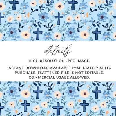 Blue Floral Cross Seamless Pattern, Digital Paper Download, Christian Fabric Design, Church Graphics, Religious Art Digital