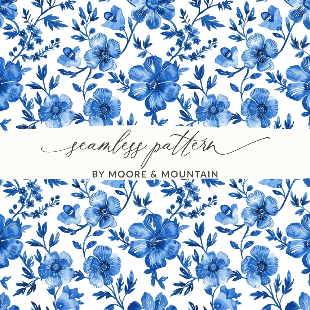 Blue Floral Digital Paper, Seamless Pattern, Flower Digital Background, Printable Fabric Pattern, Scrapbook Paper, Digital Download