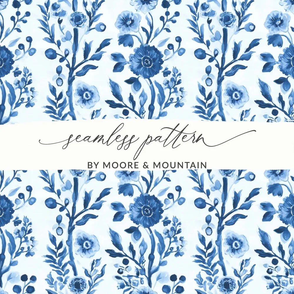 Blue Floral Digital Paper, Seamless Pattern, Watercolor Flowers, Scrapbook Paper, Fabric Design, Background, Printable Art, Digital Download