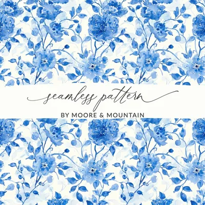 Blue Floral Seamless Digital Pattern, Chinoiserie Printable, Watercolor Flower Digital Paper, Repeating Tile Fabric Design, Floral Digital