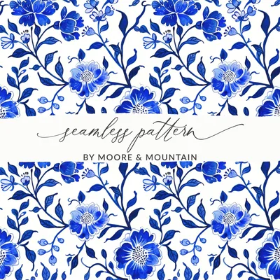 Blue Floral Watercolor Digital Paper, Seamless Flower Pattern, Chinoiserie Toile Seamless Pattern