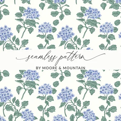 Blue Hydrangea Seamless Digital Pattern, Cottagecore Floral Digital Paper for Fabric, Grandmillennial Botanical Print File