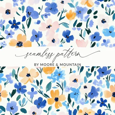 Blue Modern Ditsy Watercolor Floral Pattern in Pastel Blue Gold Download