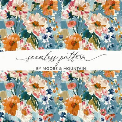 Blue Orange Floral Digital Paper, Abstract Flower Pattern, Spring Watercolor Digital Download, Seamless Floral Design, Commercial Use