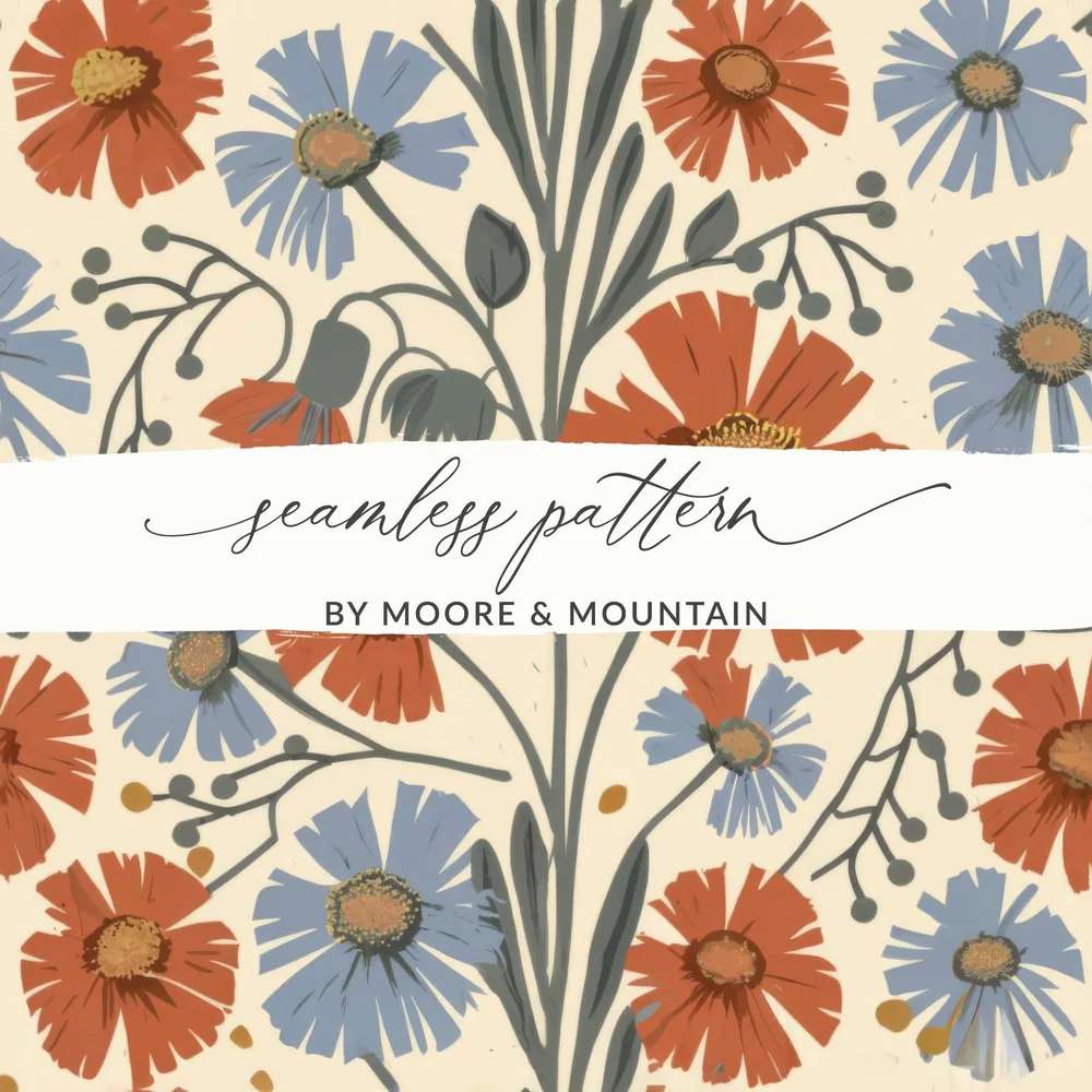 Blue Orange Floral Pattern Digital Artwork for Home Decor, Fall Floral