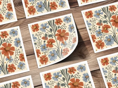 Blue Orange Floral Pattern Digital Artwork for Home Decor, Fall Floral